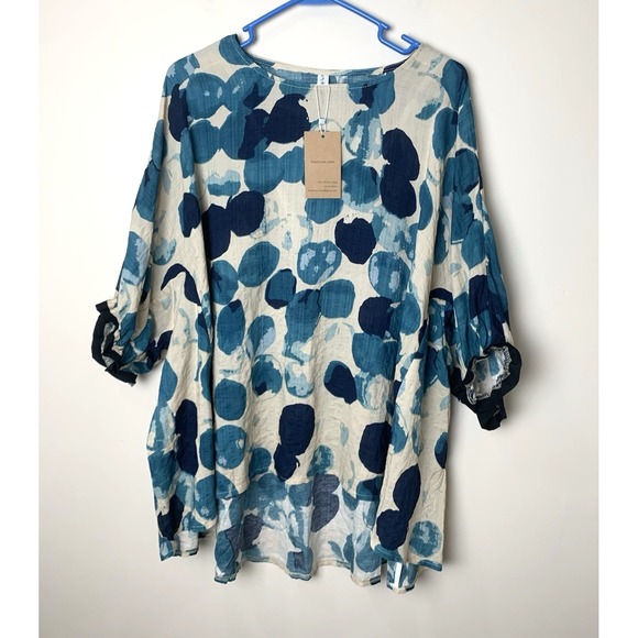 Soolinen Dresses & Skirts - NEW Artsy Lagenlook Linen Top Womens One Size Abstract Blue Print HiLow